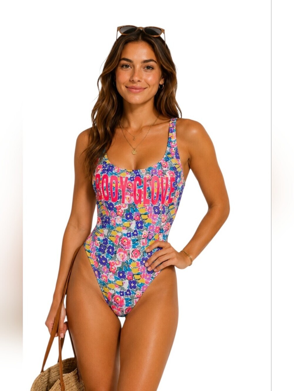 Body Glove Cant touch this 1 piece swimsuit Multicolor neon Corral Purple Yellow